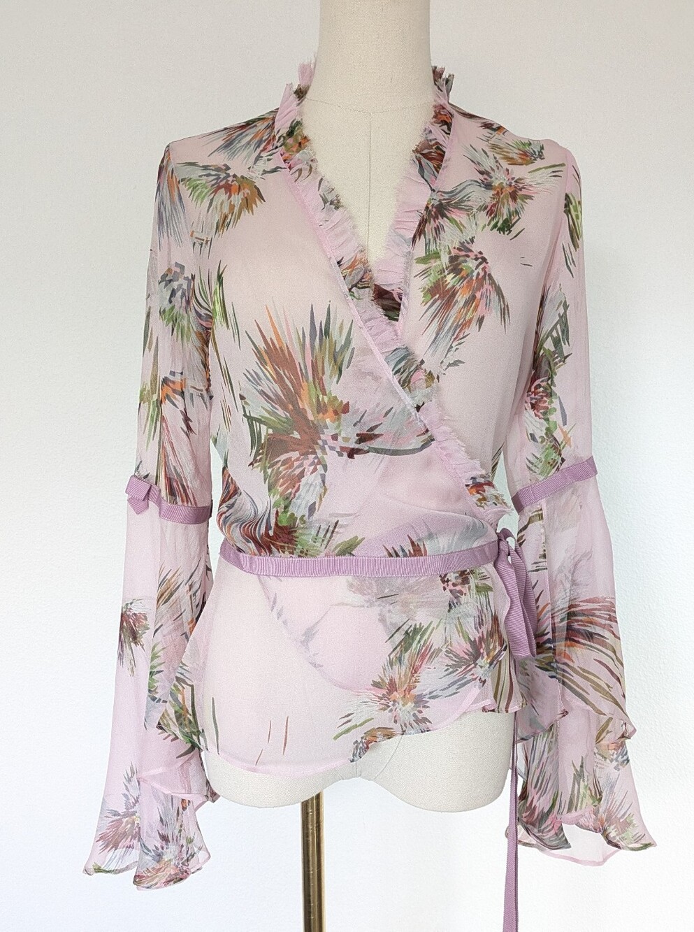 Diane Von Furstenberg Sheer Silk Bell Sleeve Wrap Top